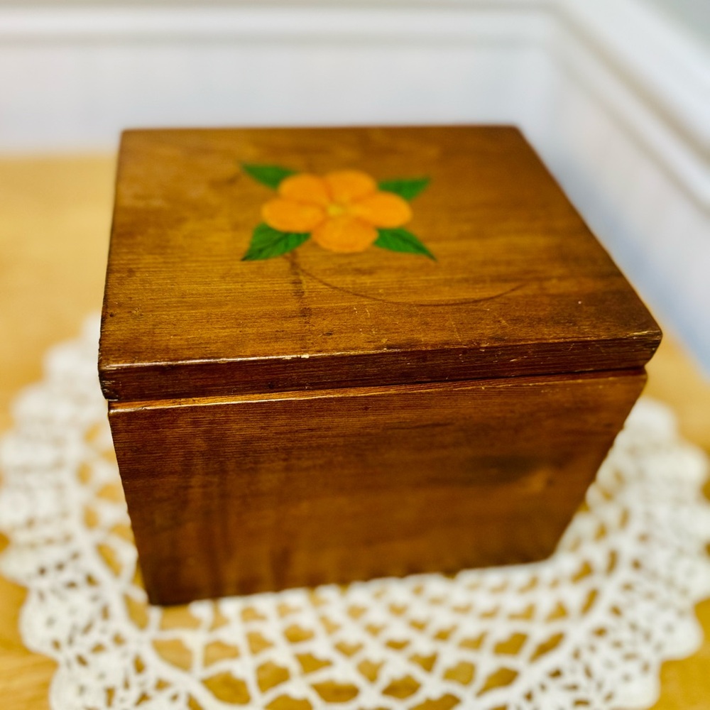 Vintage 1960’s Wooden Box with Handpainted Orange Flower Design